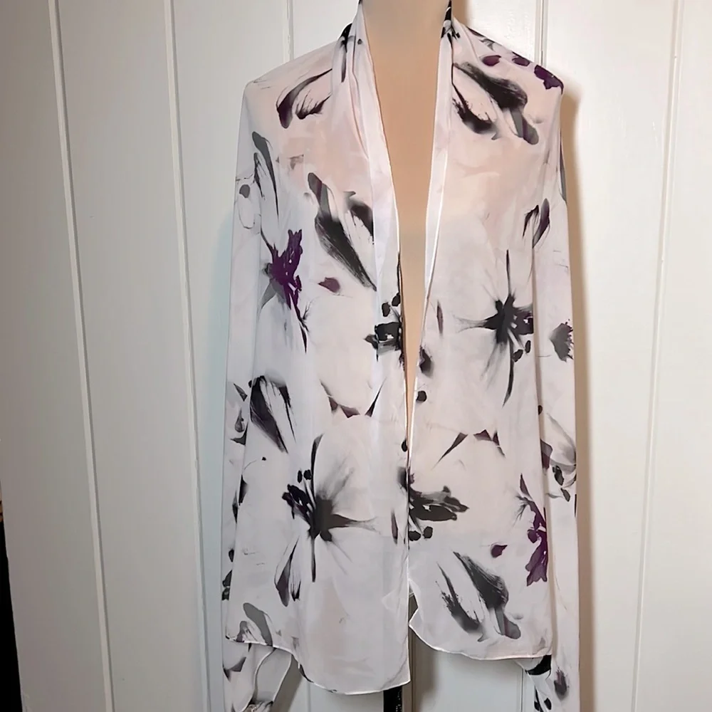 Calvin Klein black & purple abstract brushstroke flowers lightweight scarf
